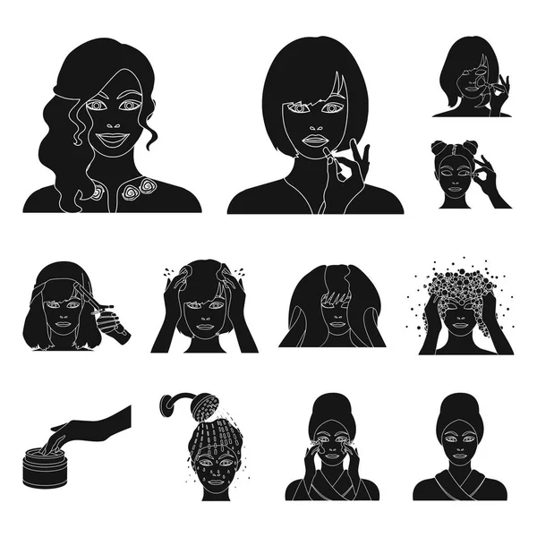 Zorg voor haar en gezicht van zwarte iconen in set collectie voor design. Parfums en make-up vector symbool voorraad web illustratie. — Stockvector