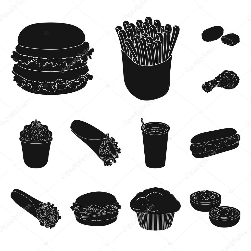 Fast food black icons in set collection for design.Food from semi-finished products vector symbol stock  illustration.