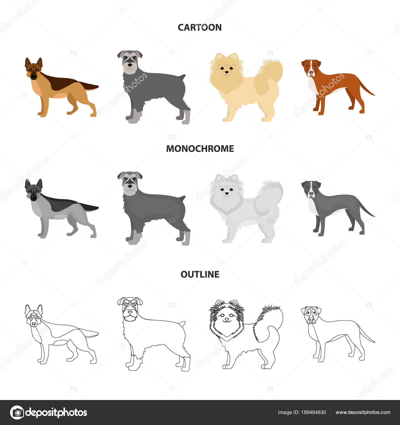 Caricature De Races De Chien Contour Icônes Monochromes En