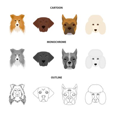 Farklı doğurmak-in köpek ağızlık. Kömür ocağı doğurmak köpek, lobladore, fino köpeği, boksör çizgi film, anahat, tek renkli stil vektör simge stok çizim web simgeler ayarla.