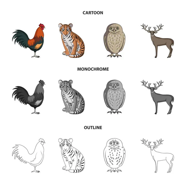 Κόκορας, τίγρης, ελάφι, κουκουβάγια και άλλα ζώα. Ζώα εικόνες συλλογή που σε σκίτσο, περίγραμμα, μονόχρωμη στυλ διάνυσμα σύμβολο απόθεμα ενδεικτικά web. — Διανυσματικό Αρχείο