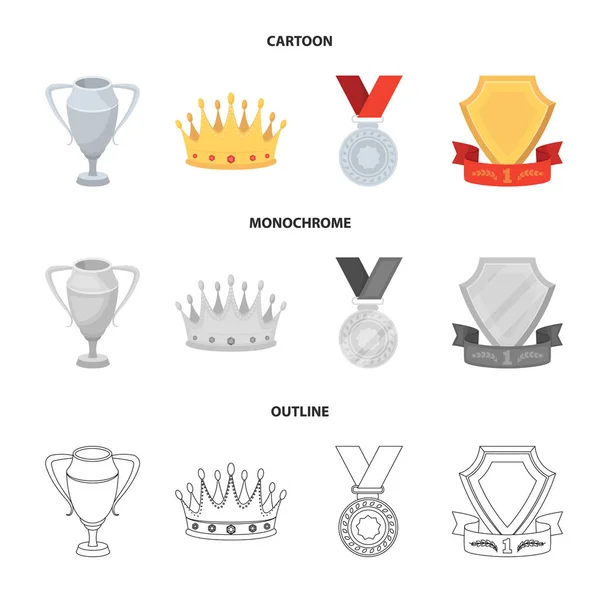A silver cup, a gold crown with diamonds, a medal of the laureate, a gold sign with a red ribbon.Awards and trophies set collection icons in cartoon,outline,monochrome style vector symbol stock — Stock Vector