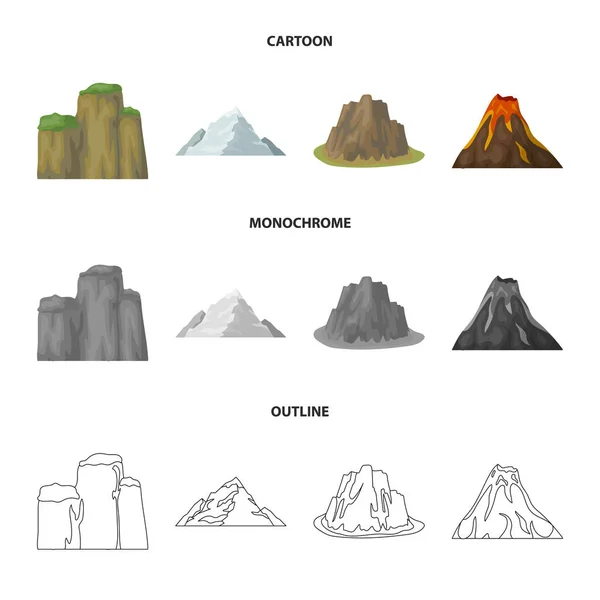 Steile Klippen, ein Vulkanausbruch, ein Berg mit Strand, ein Gletscher. verschiedene Berge setzen Sammlungssymbole in Cartoon, Umriss, monochromen Stil Vektor Symbol Stock Illustration Web. — Stockvektor