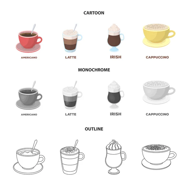 Amerykańska, późno, irlandzki, cappuccino. Różne rodzaje kawy zestaw kolekcja ikony kreskówka, konspekt, www ilustracji symbol wektor styl monochromatyczny. — Wektor stockowy