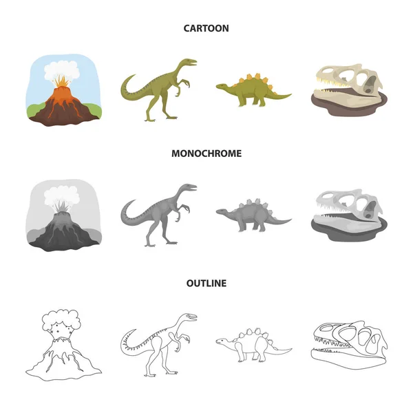 Vulkanausbruch, Gallimimus, Stegosaurus, Dinosaurierschädel. Dinosaurier und prähistorische Periode setzen Sammlung Symbole in Cartoon, Umriss, monochromen Stil Vektor Symbol Stock Illustration Web. — Stockvektor