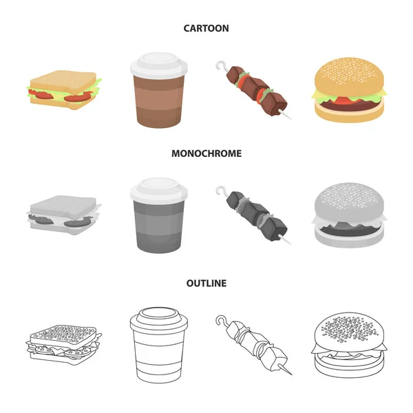 Sandwich, café, shish kebab, burger.Fast conjunto de alimentos ícones de coleção em desenhos animados, esboço, estilo monocromático símbolo vetorial web ilustração . —  Vetores de Stock