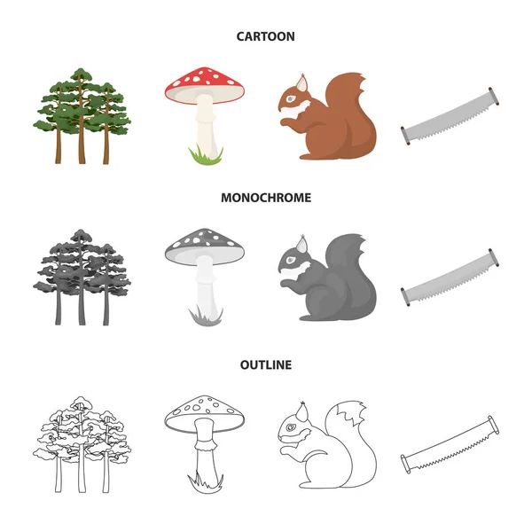 Pinheiro, cogumelo venenoso, árvore, esquilo, serra. Ícones de coleção de conjunto de floresta em desenhos animados, esboço, estilo monocromático símbolo vetorial web ilustração . —  Vetores de Stock