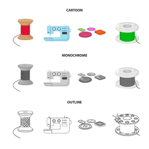 Menetes orsó, varrógép, orsó, pugwitz és egyéb berendezések. Varró- és berendezés készlet gyűjtemény ikonok-ban rajzfilm, vázlat, fekete-fehér stílus vektor szimbólum stock illusztráció web. — Stock Vector