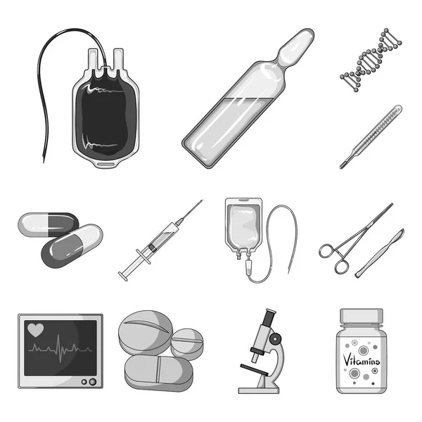 Medicine and treatment monochrome icons in set collection for design. Medicine and equipment vector symbol stock web illustration. — Stock Vector