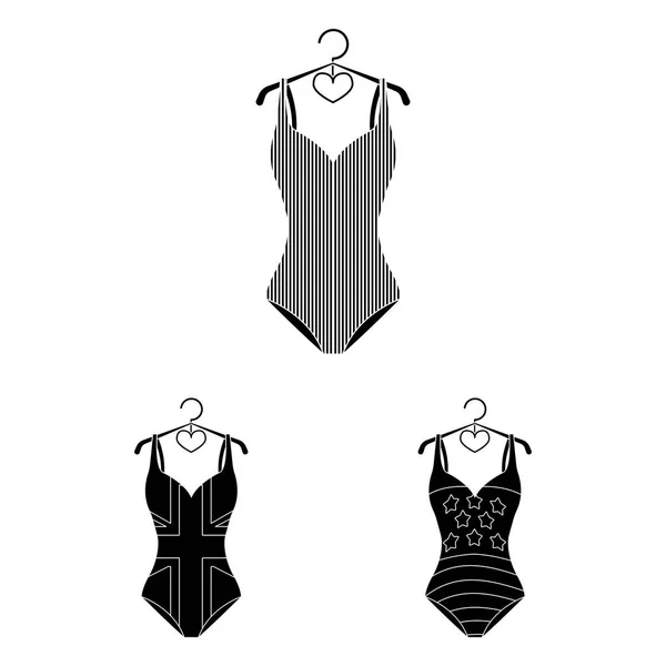 Diferentes tipos de maiôs ícones pretos na coleção de conjuntos para design. Acessórios de natação símbolo vetorial web ilustração . —  Vetores de Stock