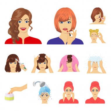 Saç Bakımı ve set koleksiyonu tasarım için karikatür simgeleri bak. Makyaj ve parfüm sembol stok web illüstrasyon vektör.