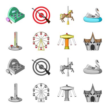 Ölçme gücü, bir dönme dolap, bir atlıkarınca, penceresi olan bir ev için aygıtın bir sopa ile. Eğlence Parkı toplama simgeler çizgi film, tek renkli stil vektör simge stok çizim web ayarla..