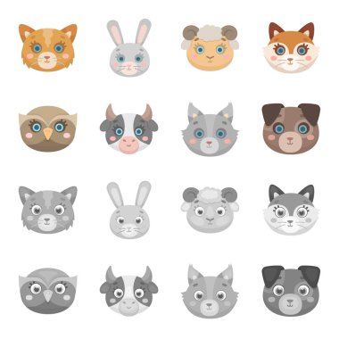 Baykuş, inek, kurt, köpek. Hayvan namlu toplama simgeler çizgi film, tek renkli stil vektör simge stok çizim web ayarla..