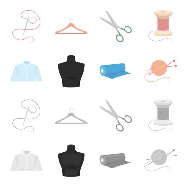 Bir gömlek, bir manken, bir rulo kumaş, konu ve örgü iğneleri bir top. Atelier toplama simgeler çizgi film, tek renkli stil vektör simge stok çizim web ayarla..