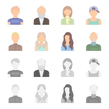 Çocuk sarışın, kel adam, kuyrukları, kızla kadın. Avatar çizgi film, tek renkli stil vektör simge stok çizim web simgeler ayarla.