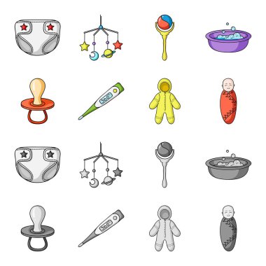 Emzik, elektronik termometre, Çocuk tulumları, çocuk bezi. Çizgi film, tek renkli stil vektör simge stok çizim web içinde doğan bebek set simgeler.