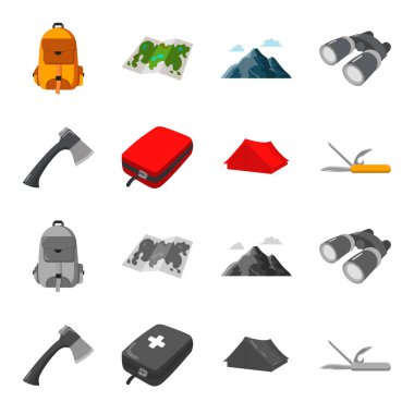 AX, ilk yardım çantası, turist çadır, bıçak katlanır. Çizgi film, tek renkli stil vektör simge stok çizim web kamp küme koleksiyon simgeler.