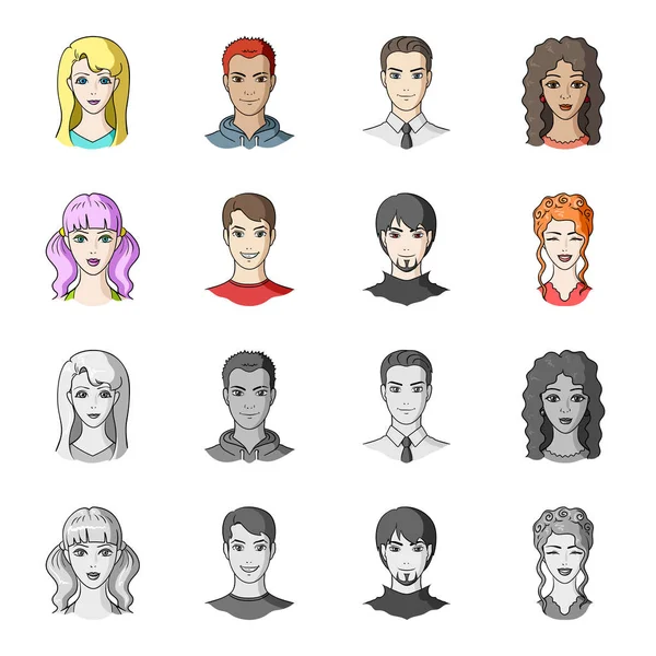 Diversi sguardi dei giovani. icone di raccolta avatar e set viso in cartone animato, stile monocromatico vettore simbolo stock illustrazione web . — Vettoriale Stock
