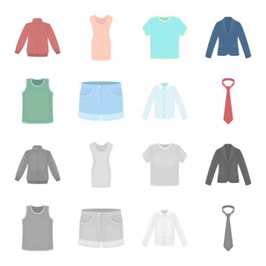 Uzun kollu, şort, tişört, gömlek kravat. Çizgi film, tek renkli stil vektör simge stok çizim web giyim koleksiyonu Icons set.