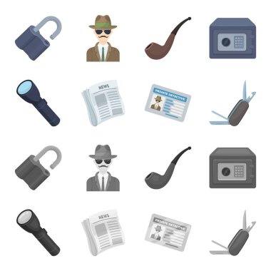 El feneri, gazete haberleri, sertifika, katlama bıçak ile. Dedektif toplama simgeler çizgi film, tek renkli stil vektör simge stok çizim web ayarla..