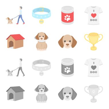 Köpek ev, koruyucu yakalı, köpek namlu, cup. Köpek toplama simgeler çizgi film, tek renkli stil vektör simge stok çizim web ayarla..