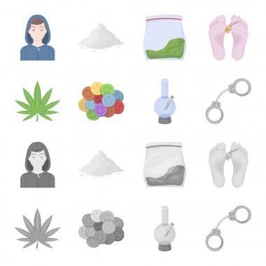 Kenevir yaprak, ecstasy hap, kelepçe, bong. İlaç toplama simgeler çizgi film, tek renkli stil vektör simge stok çizim web ayarla..