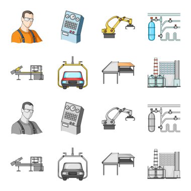 Otomotiv Sanayi ve diğer web simgesi karikatür, tek renkli stil. Yeni teknolojileri simgeler kümesi koleksiyonu.