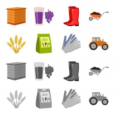 Spikelets buğday, bir paket tohum, traktör, eldiven. Çiftlik toplama simgeler çizgi film, tek renkli stil vektör simge stok çizim web ayarla..
