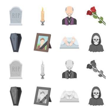 Tabut bir kapak ve bir haç, merhum yas kurdele ile bir ceset morgda etiket, ölüm bir başlıklı tablo bir fotoğraf ile. Cenaze töreni karikatür koleksiyonu Icons set