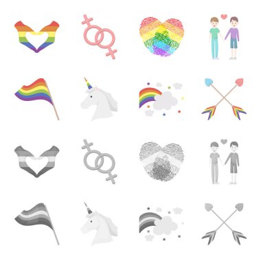 Bayrak, tek boynuzlu at sembolü, kalp oklarla. Eşcinsel toplama simgeler çizgi film, tek renkli stil vektör simge stok çizim web ayarla..