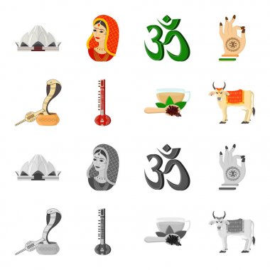 Ülke Hindistan çizgi film, tek renkli simgeler toplama tasarımı için ayarlayın. Hindistan ve dönüm noktası sembol stok web illüstrasyon vektör.