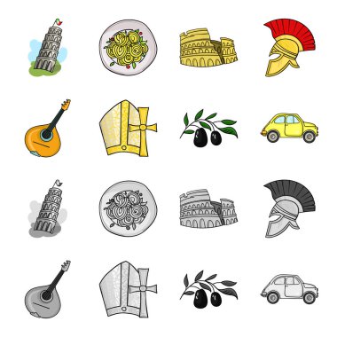 Mandolin, baba, zeytin, retro otomatik. İtalya ülke toplama simgeler çizgi film, tek renkli stil vektör simge stok çizim web ayarla..