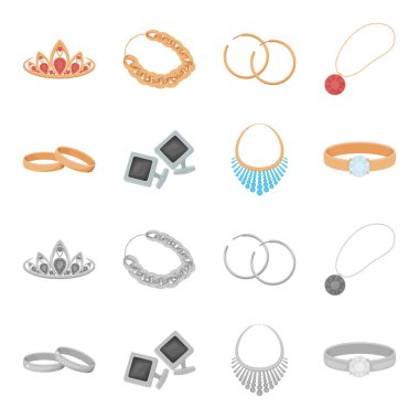 Evlilik yüzükleri, kol düğmesi, elmas kolye, Bayan Yüzükler bir taşla. Takı ve Aksesuar çizgi film, tek renkli stil vektör simge stok çizim web simgeler ayarla.