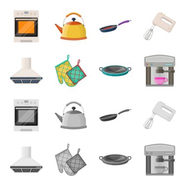 Mutfak ekipmanları çizgi film, set koleksiyonu tasarım için tek renkli simgeler. Sembol stok web illüstrasyon vektör mutfak ve aksesuarları.
