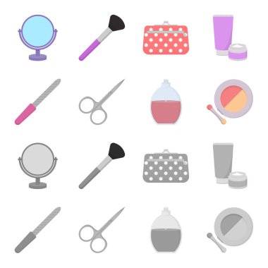 Tırnak törpüsü, makaslar, çivi, parfüm, pudra fırçası ile için. Makyaj çizgi film, tek renkli stil vektör simge stok çizim web simgeler ayarla.