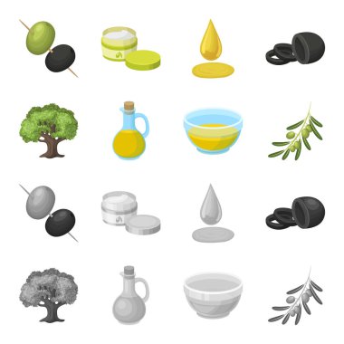 Bir zeytin ağacı, zeytin dalı, bir gemi ve petrol bir sürahi. Zeytin toplama simgeler çizgi film, tek renkli stil vektör simge stok çizim web ayarla..