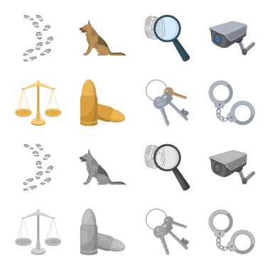 Ölçekler adalet, kartuşları, a demet-in anahtar taşı, ellerim kelepçeli. Hapishane toplama simgeler çizgi film, tek renkli stil vektör simge stok çizim web ayarla..