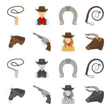 Bir at, bir boğa kafası, bir tabanca, bir kovboy kız başkanı. Rodeo toplama simgeler çizgi film, tek renkli stil vektör simge stok çizim web ayarla..