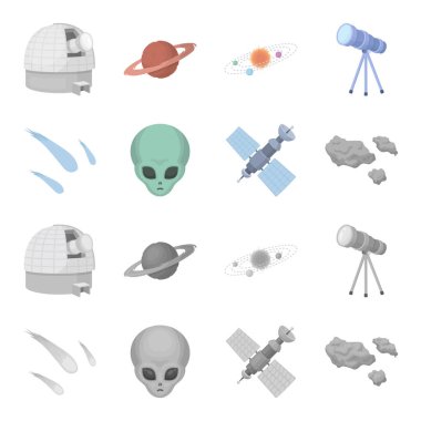 Asteroid, Araba, göktaşı, uzay gemisi, istasyon güneş pilleri ile bir uzaylı yüzü. Çizgi film, tek renkli stil vektör simge stok çizim web simgeler ayarlamak.