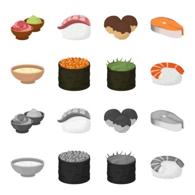 Kase çorba, havyar, karides pirinç. Suşi toplama simgeler çizgi film, tek renkli stil vektör simge stok çizim web ayarla..