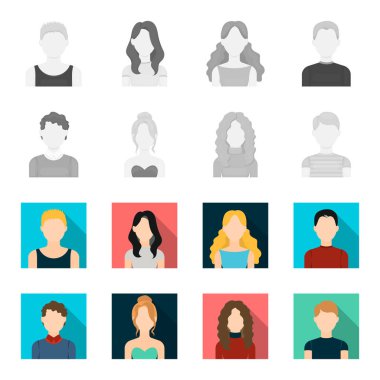 Kıvırcık saçlı çocuk, sarışın, Kızıl saçlı, genç. Avatar toplama simgeler tek renkli, düz stil vektör simge stok çizim web ayarla..