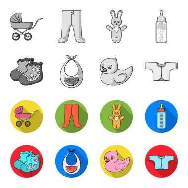 Çorap, önlük, oyuncak ördek, raspashonka. Bebek set simgeler tek renkli, düz stil vektör simge stok çizim web tarihi..