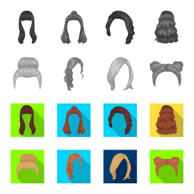 Sarışın bir grup, kırmızı dalgalı ve saç diğer türleri. Arka saç toplama simgeler tek renkli, düz stil vektör simge stok çizim web içinde ayarla..