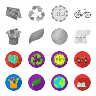 Bir işleme tesisi, bir pot, yeşil bir yaprak, bir gezegen Earth.Bio ve ekoloji çiçek toplama simgeler tek renkli, düz stil vektör simge stok çizim web içinde ayarla.