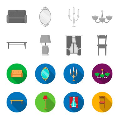 Bir sehpa, bir lamba, perdeler, bir sandalye. Mobilya toplama simgeler tek renkli, düz stil vektör simge stok çizim web ayarla..
