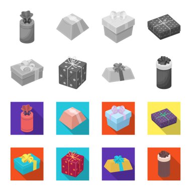 Fiyonklu hediye paketi hediye kutusu. Hediyeler ve sertifikaları tek renkli, düz stil vektör simge stok çizim web simgeler ayarla.