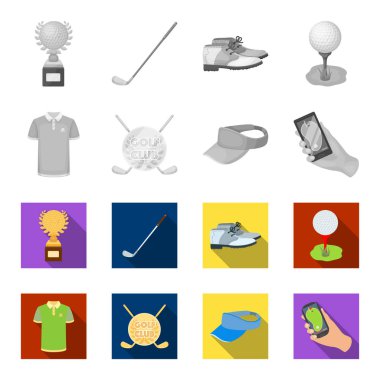 Golf club, güneşlik, golfçü gömlek, telefon bir navigator ile kap arması. Golf club toplama simgeler tek renkli, düz stil vektör simge stok çizim web ayarla..
