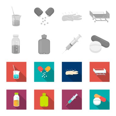 Çözüm, daha sıcak, şırınga, hap. İlaç toplama simgeler tek renkli, düz stil vektör simge stok çizim web ayarla..