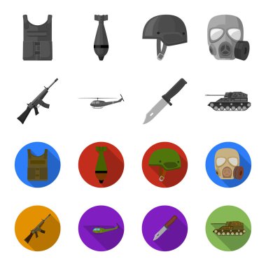Saldırı tüfeği M16, helikopter, tank, savaş bıçak. Askeri ve ordu toplama simgeler tek renkli, düz stil vektör simge stok çizim web ayarla.