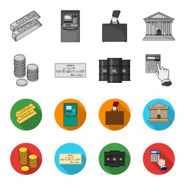 Sikke, bir banka çeki, bir hesap makinesi, siyah altın yığını. Para ve Finans tek renkli, düz stil vektör simge stok çizim web simgeler ayarla.